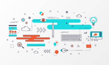 Afiş grafik tasarım konsepti. Soyut öğe ve çağdaş ince çizgi simgeler tarzı Web sitesi, yaratıcı iş, eğitim, poster, diyagram, düzen ve reklam. Vektör çizim.