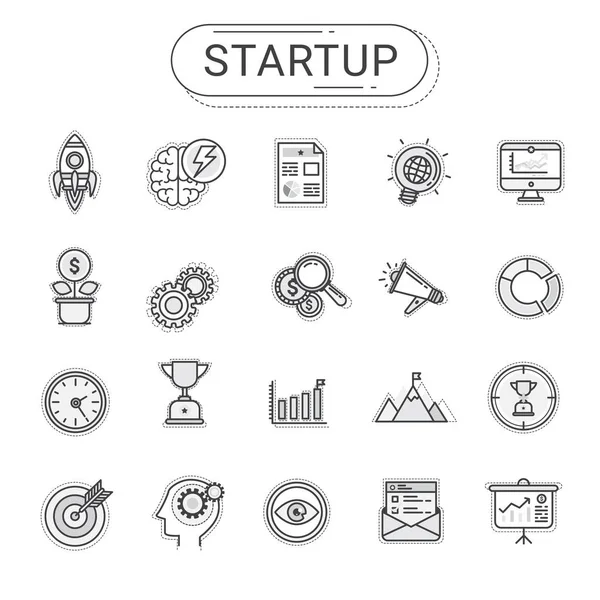 Startup-Symbole gesetzt. Flachzeilen-Symbole werden durch Vektor erzeugt. Das Set kann für Unternehmensgründungen, Informationsgrafiken, Web-Banner und Werbung verwendet werden — Stockvektor