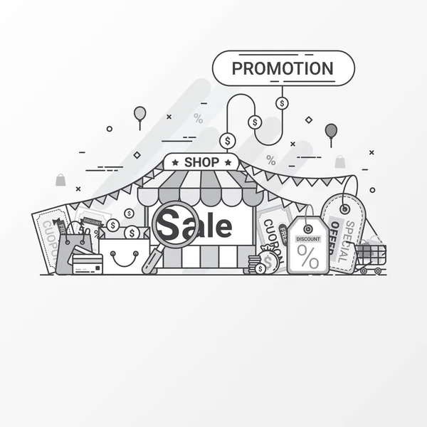 Promotion and Discount concept. This set contains icon elements, coupon, discount label, online store, shop, shopping bag, credit card, search, price tag and special offers. Flat line style create by vector. — Stock Vector