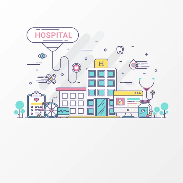 Concepto de hospital - Vector médico Imágenes estilo de línea plana. Conjunto de asistencia sanitaria contiene elementos de icono, estetoscopio, farmacia, silla de ruedas, sitio web del hospital. Para la salud gráfica, volante del hospital, gráficos de información, elementos web . — Vector de stock