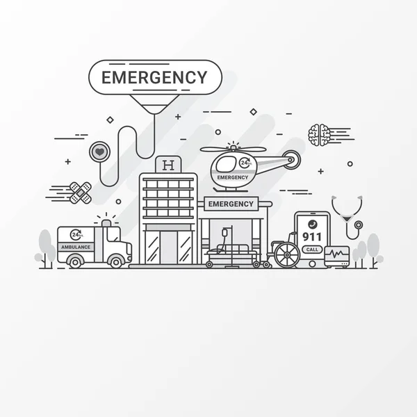 Emergency concept. Set of hospital and healthcare contains icon elements, ambulance, siren-equipped car, Helicopter. Flat line style create by vector. For healthcare banner, hospital leaflet. — Stock Vector