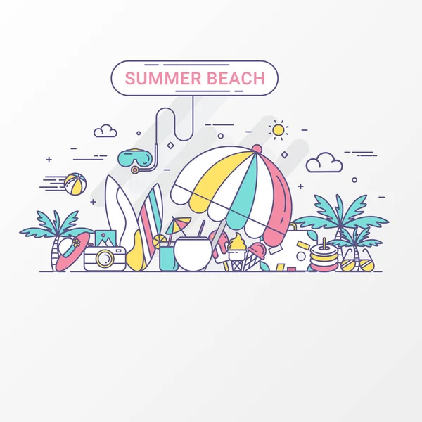 Concepto playa de verano. Holiday contiene elemento gráfico snorkel, sombrilla de playa, jugo de coco, sombrero de playa, tabla de surf, cocotero, helado. Para publicidad de verano, folleto de viaje, folleto de fiesta . — Vector de stock
