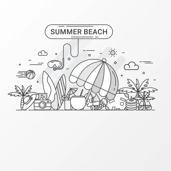 Summer beach concept. Holiday contains graphic element snorkel, beach umbrella, coconut juice, beach hat, surfboard, coconut tree, ice cream. For summer advertisement, travel leaflet, party brochure. — Stock Vector