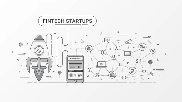 Fintech başlangıç Infographic. Finans teknolojileri ve blockchain teknoloji ve bitcoin ile yeni iş yatırım roket, dijital mobil cüzdan ve mobil ödeme, Online alışveriş simgeleri ve e-ticaret içerir. Vektör çizim.