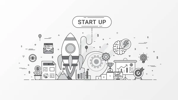 Start-up-Unternehmen. schnell wachsender Wirtschaftsinfografik. horizontale Zusammensetzungsvorlage enthält Raketensymbole, Geschäftsplanung, Zielmarkt, Startup-Investitionen, Erfolg, Grafik, Brainstorming. Vektorillustration. — Stockvektor