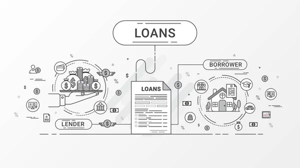 贷款信息图表。贷款人和借款人之间的贷款协议。扁线图标设计包含提供贷款、 融资、 钱、 银行、 债权人，债务人。矢量图. — 图库矢量图片