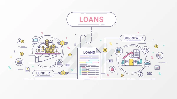 Lån Infografik. Låneaftale mellem långiver og låntager. Flat line ikoner design indeholder lånetilbud, finansiering, penge, bank, kreditor og debitor. Vektorillustration . – Stock-vektor