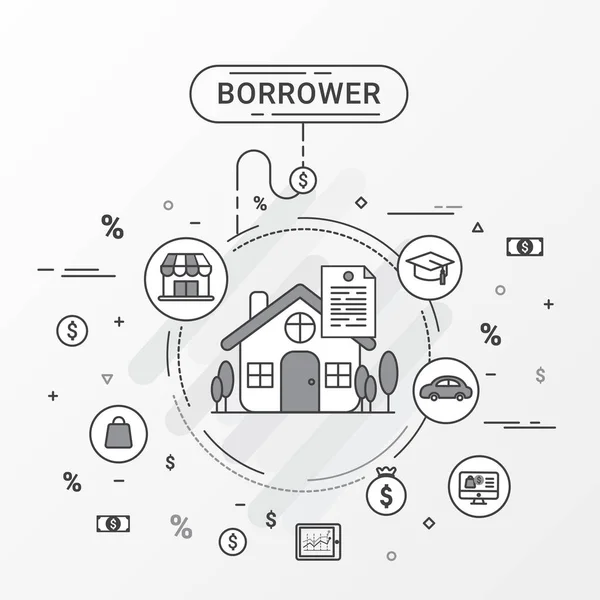 Infografika dlužníka návrh koncepce o dlužníky a věřiteli. Půjčit si pro domácí úvěr vzdělání, obchodování, půjčky nakupování, obchod a podnikání. Rovná čára design vytvořit vektor. — Stockový vektor