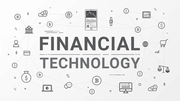 Fintech-金融技术和 blockchain 技术。商业投资信息图形与比特币图标。扁线样式设计 web 横幅、 创办企业、 商业、 海报设计、 广告。矢量图. — 图库矢量图片