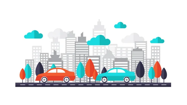 Car on city streets. Car running on the road through the downtown. This set includes icons car, road, tree, town, city, building, cloud, skyscrapers background. Can be us for business banner, website. Flat design vector illustration. — Stock Vector
