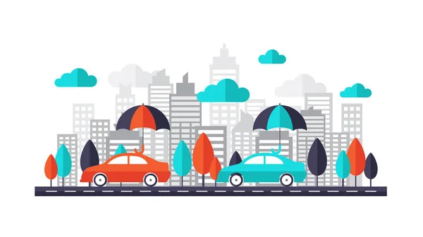 Concept d'assurance auto - Voiture protégée sous parapluie circulant sur la route à travers la ville. L'ensemble comprend voiture, parasol, arbre, ville, nuage, route, bâtiment, gratte-ciel arrière-plan. Illustration vectorielle design plat . — Image vectorielle