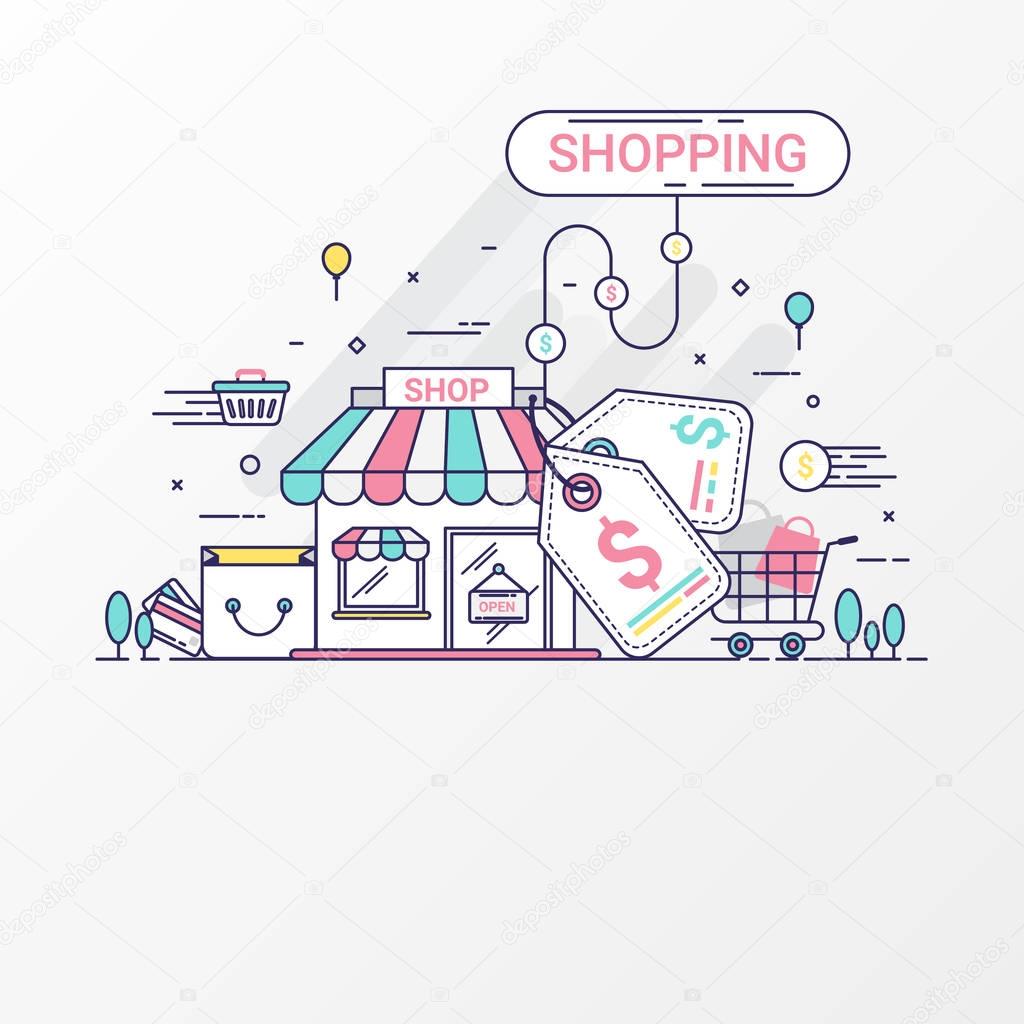 Shopping concept. Soft and cute color modern thin linear stroke create by vector. Can be used for Shopping banner, info graphics, coupon, promotion, price tag, discount banner, sale banner