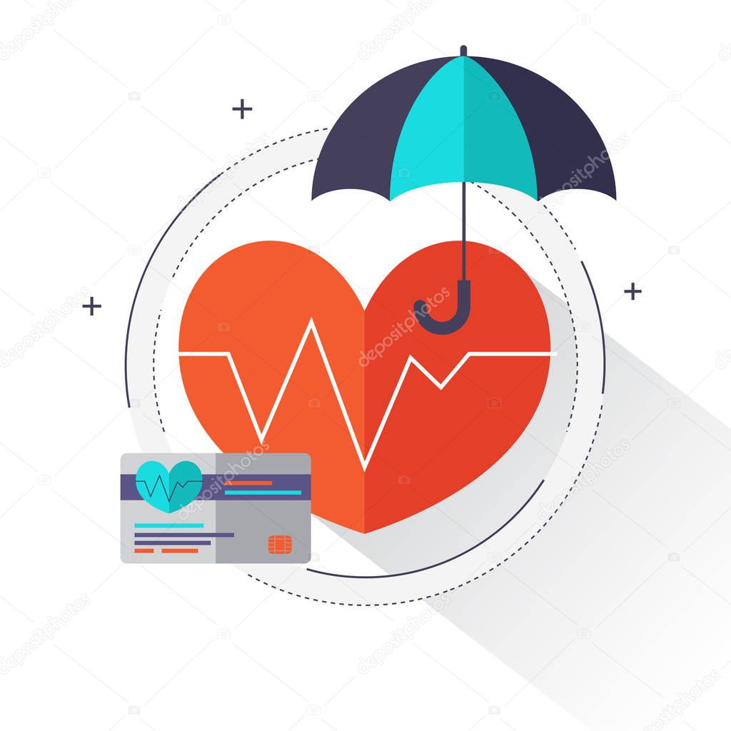 Health insurance concept  Health care info graphics elements in flat style icons such as heart, umbrella, insurance card. Can be used for medical banner, hospital poster. Vector illustration.