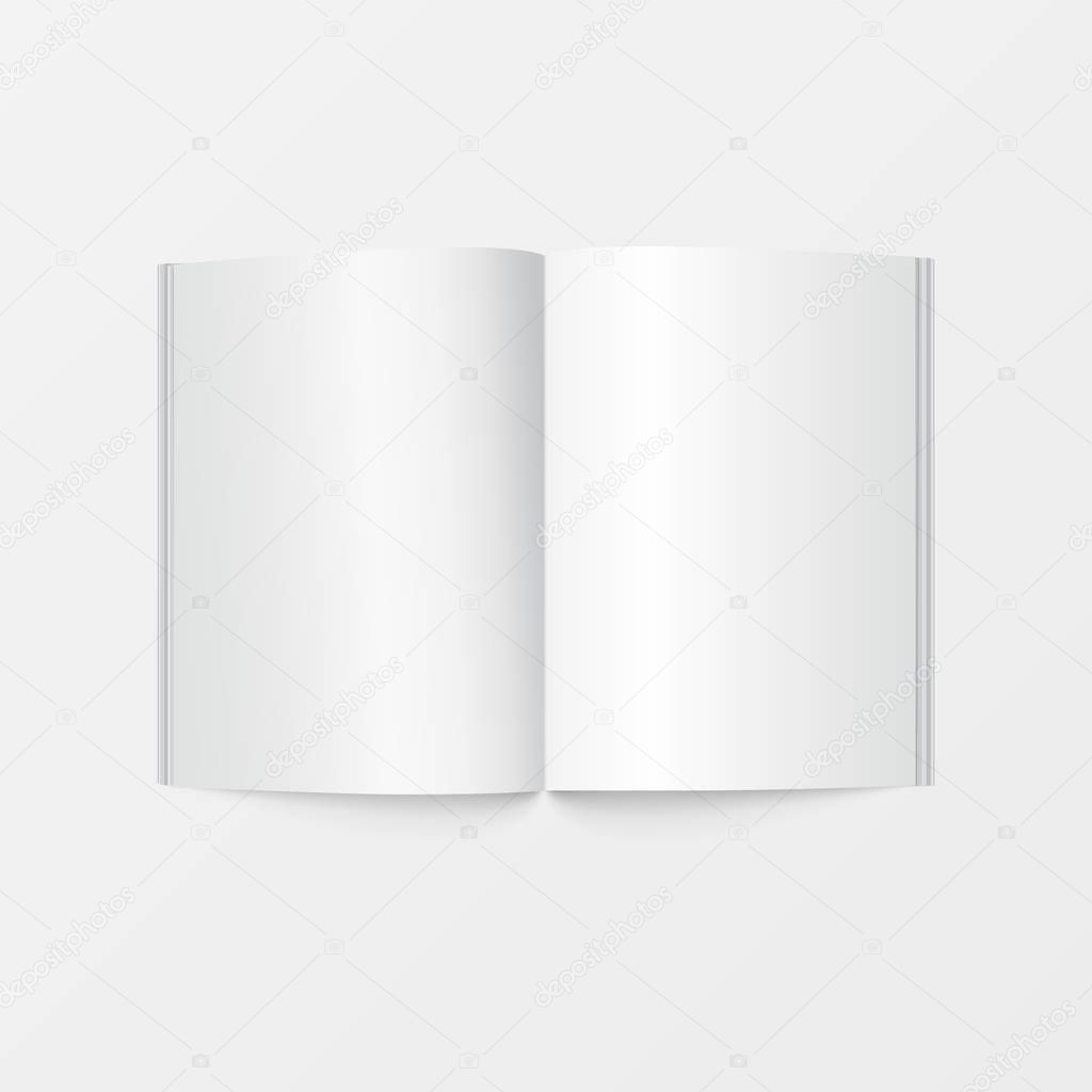 3d mockup open book template top view. Booklet blank white color isolated on white background for printing design, brochure template, catalog, leaflet, pamphlet, textbook and layout design. Vector illustration.