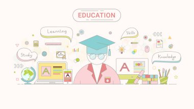 Eğitim Infographic kavramı. Öğrenci ve eğitim simgeler vektör tarafından oluşturulan çizgi stili düz.