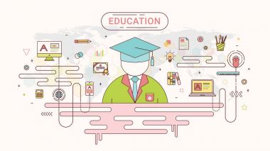 Eğitim Infographic kavramı. Dünya üzerinde öğrenci ve okul simgeler vektör tarafından oluşturulan arka plan harita. Yumuşak renk tonu düz çizgi stili.