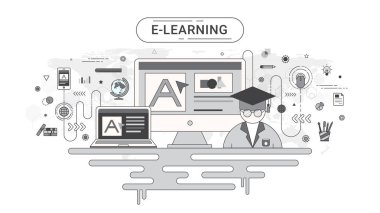 E-öğrenme Infographic kavramı. Bilgisayar ve online eğitim simgeler vektör tarafından oluşturulan dünya harita arka plan üzerinde. Gri renk tonu düz çizgi stili.