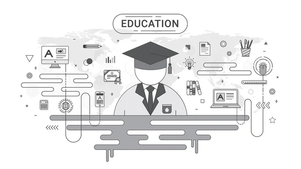 Concepto infográfico de educación. Iconos de los estudiantes y la escuela en el fondo del mapa del mundo creado por el vector. Estilo de línea plana en tono gris . — Vector de stock