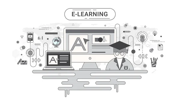 Conceito de infográfico de E-learning. Ícones de computador e educação on-line no fundo do mapa do mundo criado pelo vetor. Estilo de linha plana em tom de cor cinza . — Vetor de Stock