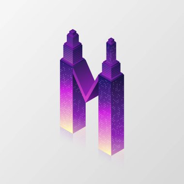 Bina logo izometrik. Gökdelen gece ışık tarzı kavramı mor renk tonu vektörde tarafından yaratılmıştır. Kurumsal kimlik, Web sitesi banner, mobil uygulaması ve yazdırma için kullanılabilir. 