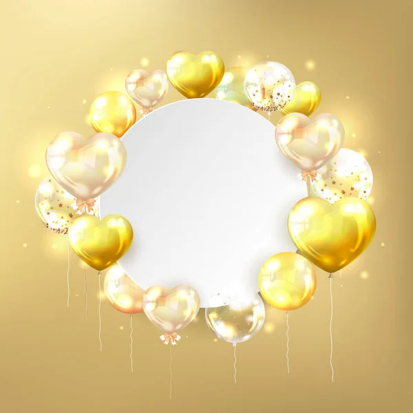 Altın zemin üzerinde daire şeklinde beyaz fotokopi alanı olan gerçekçi parlak altın balonlar