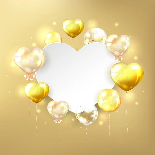 Realistic Glossy Gold Balloons White Copy Space Heart Shape Gold — Stock Photo, Image