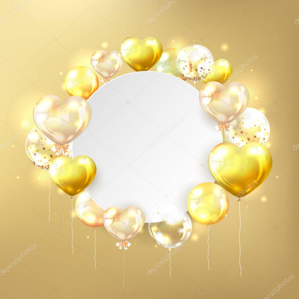 Realistic glossy gold balloons with white copy space in circle shape on gold background