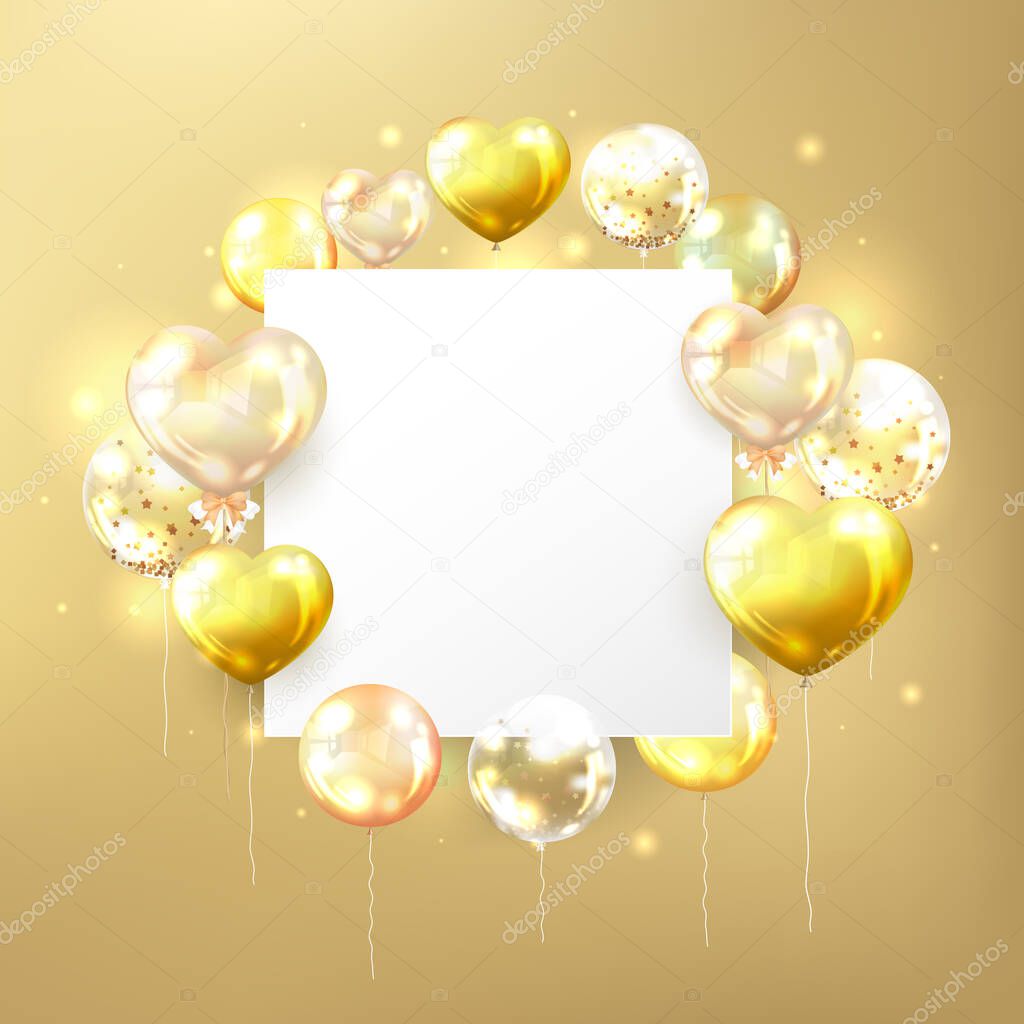 Realistic glossy gold balloons with white copy space in square shape on gold background