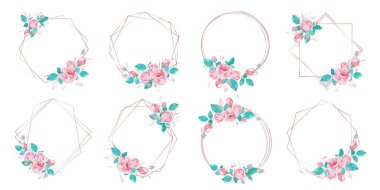 Düğün davetiyesi için suluboya pembe gülle süslenmiş gül rengi geometrik çerçeve.