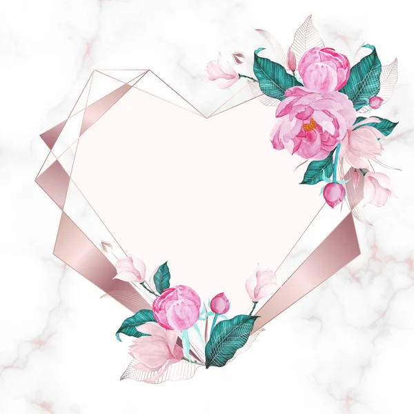 Moldura Coração Ouro Rosa Decorada Com Floral Estilo Aquarela Para — Vetor de Stock