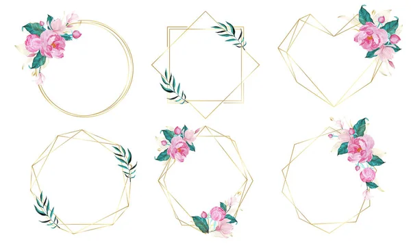 Cadre Géométrique Doré Décoré Avec Floral Dans Style Aquarelle Pour — Image vectorielle