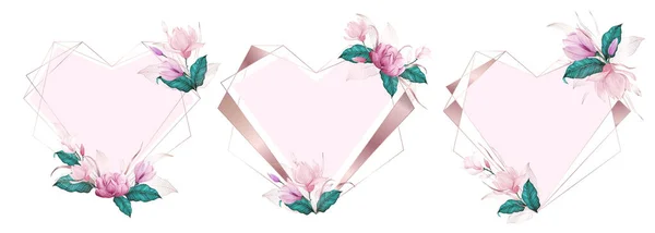 Cadre Coeur Rose Décoré Fleurs Roses Dans Style Aquarelle Pour — Image vectorielle