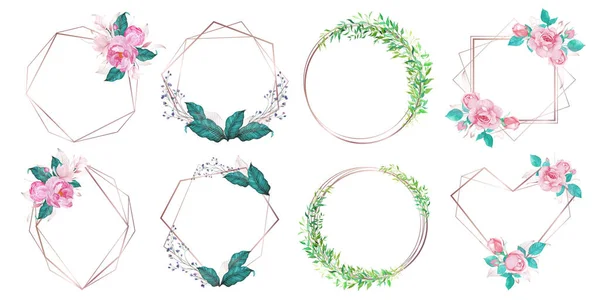 Düğün davetiyesi için suluboya çiçek desenli gül rengi geometrik çerçeve.