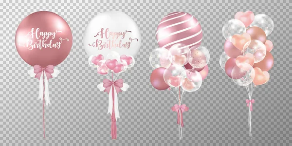 Set Rose Gold Balloons Bunch Transparent Background Realistic Glossy Pink — Stock Vector