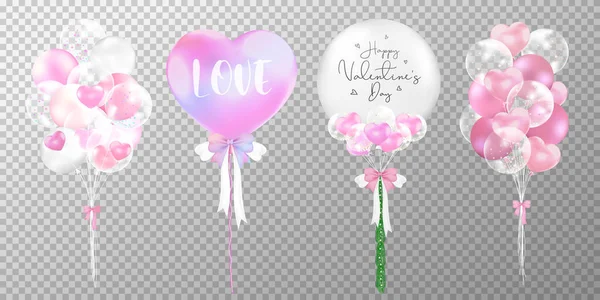 Set Pink Balloons Bunch Transparent Background Realistic Glossy Balloons Vector — Stock Vector