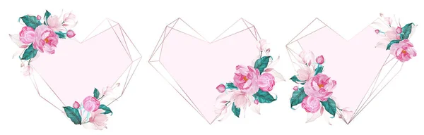 Düğün davetiyesi için suluboya pembe çiçekle süslenmiş gül rengi bir kalp çerçevesi.