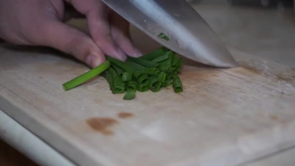 Чопинг весенний лук на кухне борту — стоковое видео