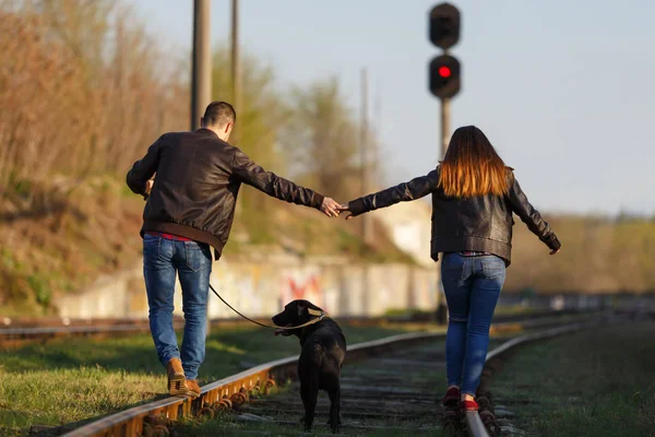 La pareja camina codo con codo con un perro en una vía férrea. La vista desde atrás . — Foto de Stock