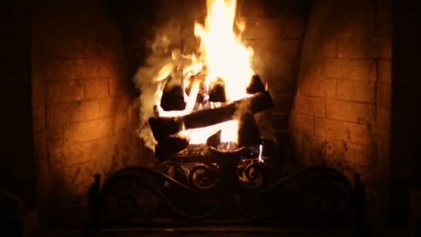 大石头拱形壁炉内的熊熊大火 — 图库视频影像