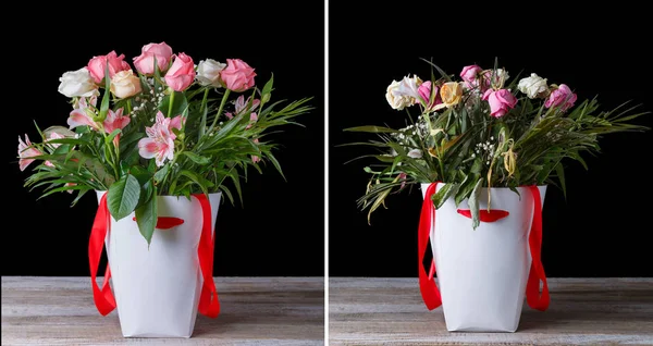Wilted and fresh flower bouquet in the white boxes with red ribbons on a wooden table. On a black background.