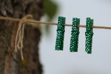 Clothespins ile beyaz lekeli bir ipte asılı yeşil. Doğal arka plan. Doğal arka plan.