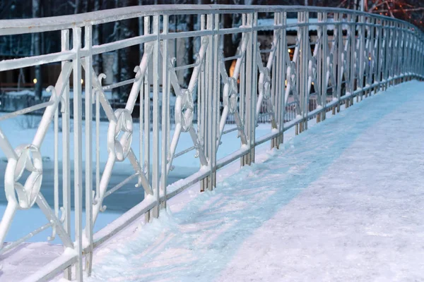 Kovový Plot Mostu Sněhu Vodorovně Zarámované Shot — Stock fotografie