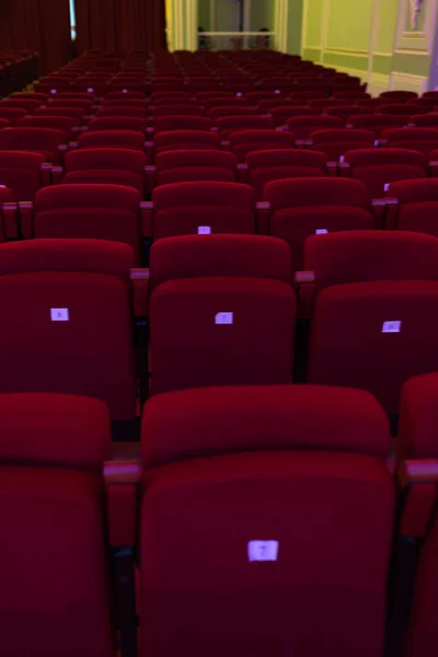 Assentos Vermelhos Com Números Cinema Teatro Sala Concertos Tiro Emoldurado — Fotografia de Stock