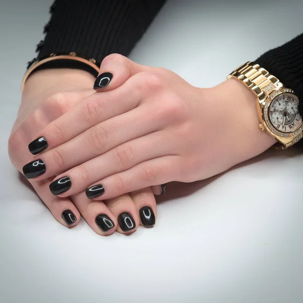 Woman Hands Beautiful Manicure White Background Hand Gold Bracelet Watch — Stock Photo, Image
