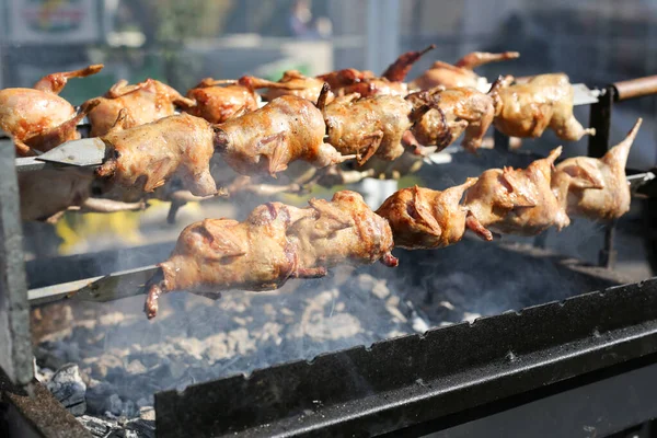 Grillezett csirkék nyárson. Rotisserie csirke. Brazília és a szén. — Stock Fotó