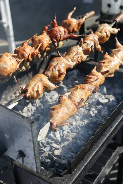 Grilovaná kuřata na rožni. Rotisserie kuře. Brazier a uhlí. — Stock fotografie