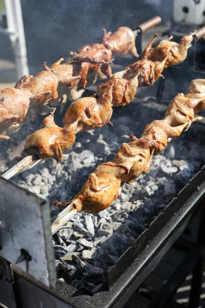 Grilovaná kuřata na rožni. Rotisserie kuře. Brazier a uhlí. — Stock fotografie