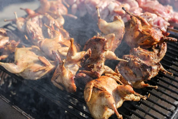Grillezett csirkék a rácson. Rotisserie csirke. Brazília és a szén. — Stock Fotó
