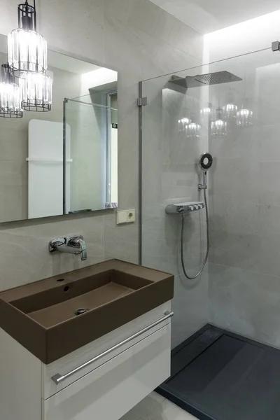 Stilvolles Braunes Waschbecken Verchromter Wasserhahn Großer Spiegel Duschkabine Mit Transparenten Stockbild