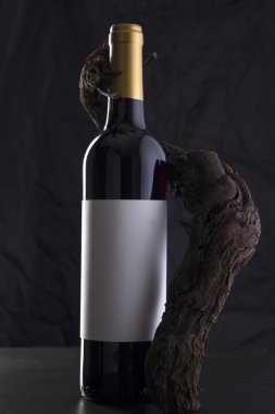 İzole kırmızı şarap şişesi asma ile siyah bir arka plan